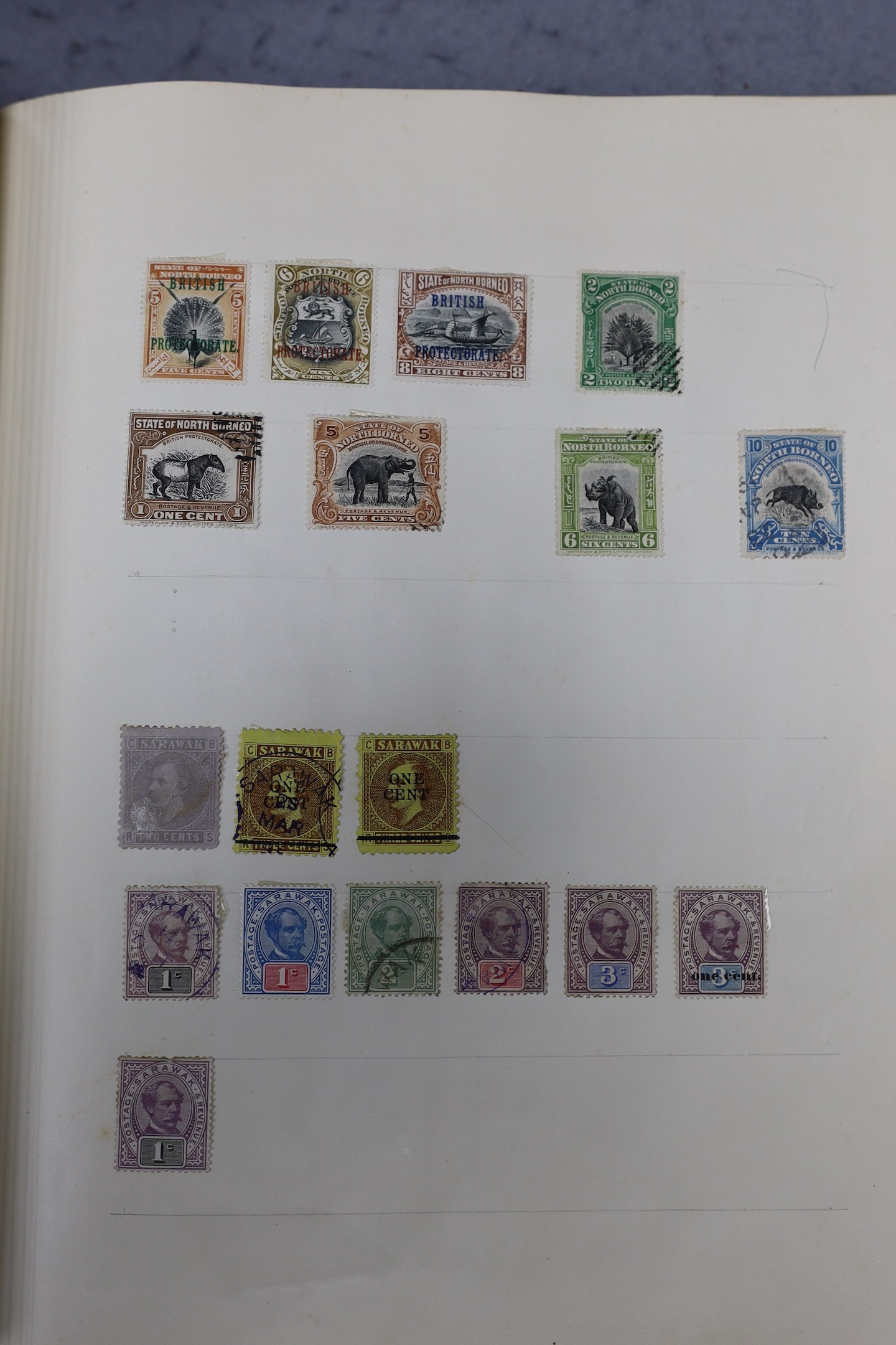 Stamps: Great Britain and British Commonwealth in four albums, with 3x 1penny black used, 1891 £1 green used, 1penny Mulready used, plus Gibraltar, India, Australian, and United States